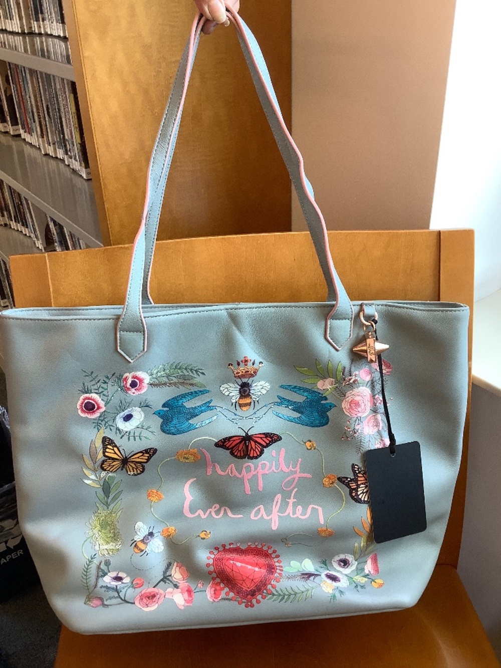 DESIGNER Emm Kuo Sky Blue Leather Happily Ever After WEDDING TOTE NWT